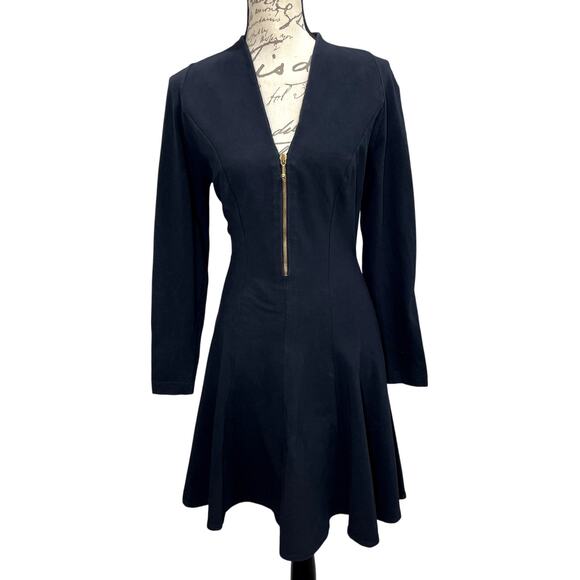 Vintage 90s Women's Tina Hagen Black Long sleeve Fit & Flare Mini Dress Gold Zip - Picture 1 of 11